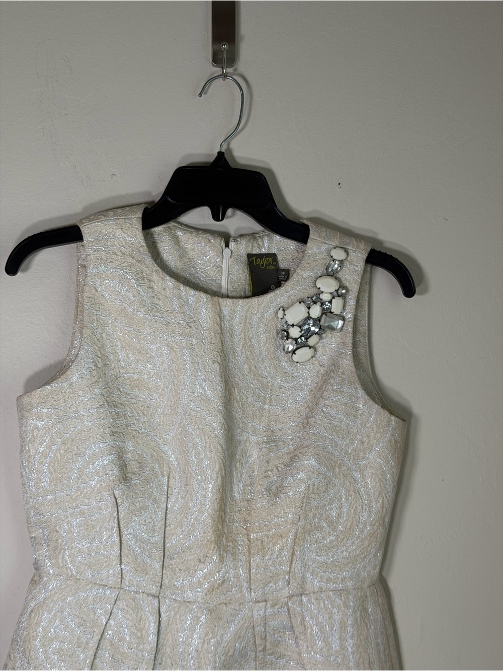 Taylor Ivory Brocade Mini Dress with Shoulder Jewel Accent - Picture 2 of 9